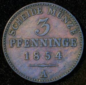 Moderately Scarce 1854 A Prussia 3 Pfenninge, Spectacular Variegated Toning, VFVF