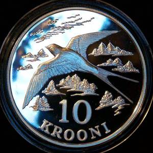 Scarce, High Grade 1992 Estonia 10 Krooni Barn Swallow Sterling Silver Proof KM# 26