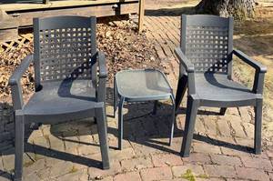 Grosflex Outdoor Plastic Stackable Chairs (Pair) &amp Dark Gray with Metal Glass-Top Table