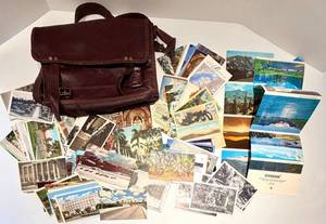 Vintage Leather Messenger Bag & Postcard Collection