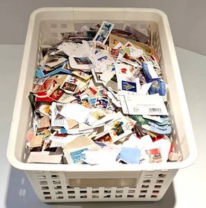 Vintage Stamp Lot in Plastic Bin - Assorted Used & Unused Stamps, USA & Worldwide