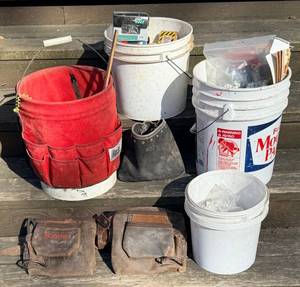 Four Plastic Tubs with Handyman items featuring Rooster Leather Tool Pouches &amp Buck Belt with Hardware, Nails &amp Fasteners and more
