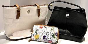 Kate Klein White Canvas Tote & Black Leather Handbag & Floral Wallet