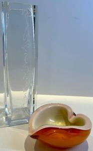 Etched Artisan Clear Crystal Vase &amp Amber Orange Art Glass Bowl