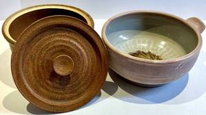 Signed Stoneware Pot w Lid &amp Blue Glazed Bowl