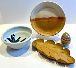 Pottery Blue Leaf Bowl, Plate &amp Leaf-Shaped Dish with Stone Egg