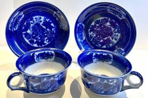 Petrus Regout Terra Nova 8 Inch Blue & White Dinner Plates and 2 Cups