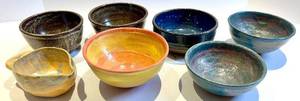 Mixed 7-Piece Glazed Ceramic Bowl Set, &nbspBlue, Brown &amp Yellow - Signed
