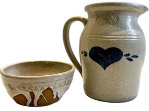 Artisan Stoneware Pitcher &amp Bowl Set - Handmade with Blue Heart Motif