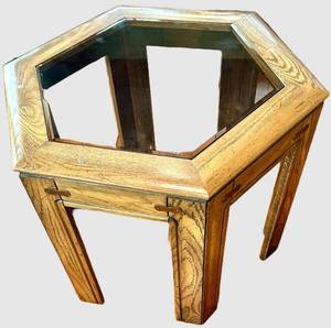 Hexagonal Glass-Top Wood Console Table - 25 x 25 x 21