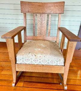 Vintage Arts and Crafts Oak Rocking Chair with Floral Upholstery