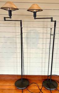 Pair of 48-Inch Tall Black Metal Floor Lamps with Beige Glass Cone Shades
