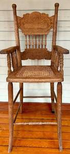 Antique Oak Spindle-Back High Chair with Cane Seat&nbsp