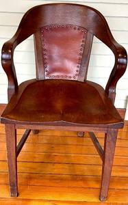 Wooden Armchair with Leather Upholstered Back & Nailhead Trim