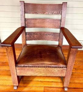 Vintage Oak Rocking Chair Leather Upholstered Seat with Nailhead Trim