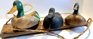 Three Wooden Duck Decoys on Base - Folk Art Carvings