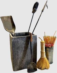 Vintage Fireplace Metal Tool Caddy with Spade, Brush &amp Broom