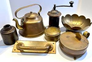 Antique Brass Kitchenware Lot with Kettle, Grinder, Canisters & Thorp Handle