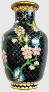 Vase - Cloisonn Enamel - Black & Pink Floral Motifs