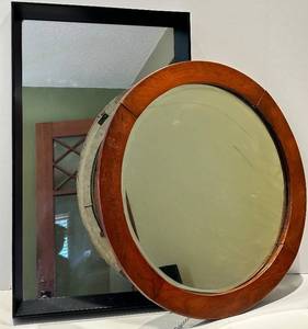Mirror Set - Rectangular Black-Framed Wall Mirror 15 x 25 x 2 in & Round Wood Frame Mirror 25 in Dia