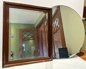 Wood-Framed Rectangular Mirror & Circular Mirror - Pair