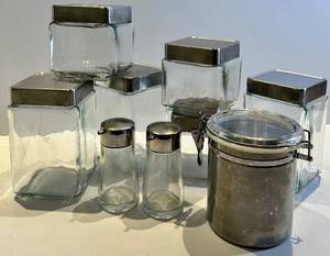 Glass Canister Set with Metal Lids - Sugar Jar with Clamp Lid & Salt & Pepper Shakers