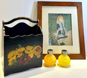 Hand-Painted Floral Magazine Rack &amp Framed Print &amp 2 Yellow Led Solar Lanterns
