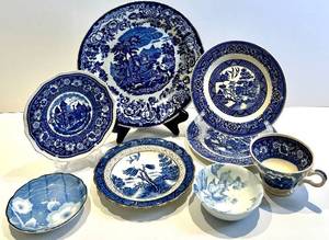 Assorted Blue Transferware including Homer Laughlin and Petrus Regout
