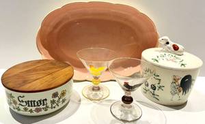 Knabstrup Denmark Smr Butter Crock w Wood Lid, Rooster Jar, Pink Oval Plate &amp 2 Glasses