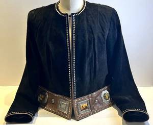 Double D Ranch Black Leather Jacket with Studded Trim & Decorative Belt