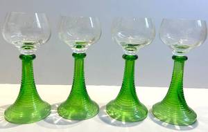 Green Glass Goblets - Set of 4 with Clear Bowls & Etched Pattern