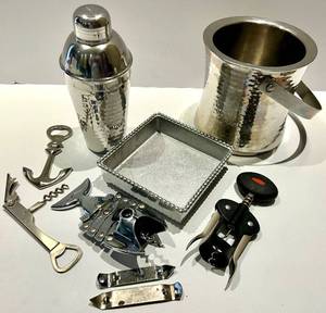 Mariposa Hammered Metal Barware Set - Shaker, Ice Bucket & Beaded Tray