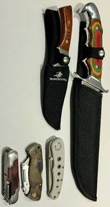 Assorted Knives including Frost Cutlery Rainbow-Handle Pocket Knife w Sheath - Stainless Steel