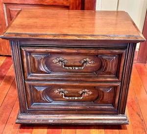 Dark Wood Nightstand - 2 Drawers & Ornate Brass Handles