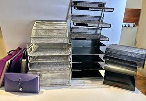 Metal Mesh Desk Organizer Set with Tiered Letter Trays & Drawer & multiple Binders