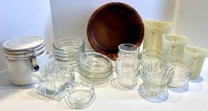 Glassware Set with White Ceramic Jar & Clear Glass Bowls, Cups & Wooden Bowl