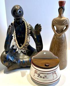 Ceramica Hand Painted Salt Box Made in Italy, Seated Mosaic Figurine & Tall Figurine