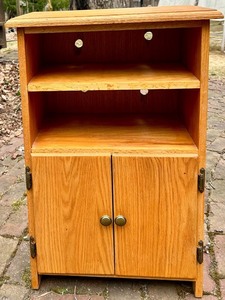 Oak Wood Storage Cabinet with Open Shelves & Double Doors