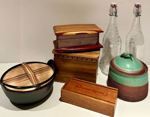 Vintage Wooden Box Set with Lidded Boxes, Glass Bottles & Ceramic Canister