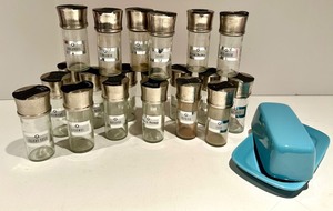 Spice Jar Set with Labeled Glass Jars & Silver Caps & Turquoise Butter Dish