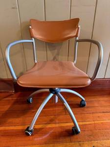 Vintage Mid-Century Leather Office Chair - Brown Upholstery, Metal Frame & 5-Star Base #4