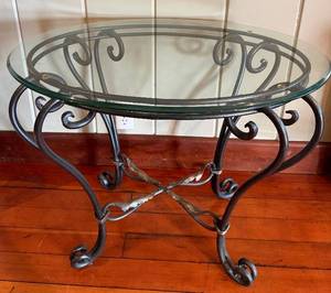 Round Glass Top Table & Wrought Iron Scroll Base - 30 Dia x 24 H
