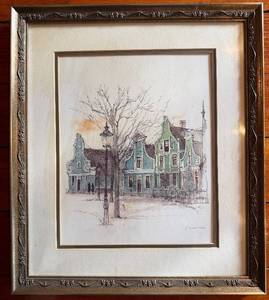 Framed Watercolor City Scene - Turquoise Dutch-Style Houses, 12 by 14