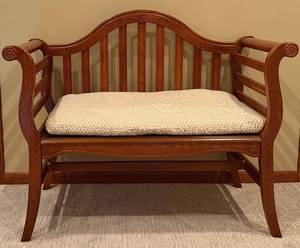 Wooden Bench with Floral Carved End Caps & Cushioned Seat