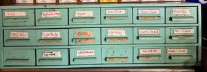 Vintage Turquoise Tool Cabinet with Labeled Drawers