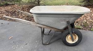 Two-Wheel Wheelbarrow - Wood Handles, Metal Tub, Weathered Finish