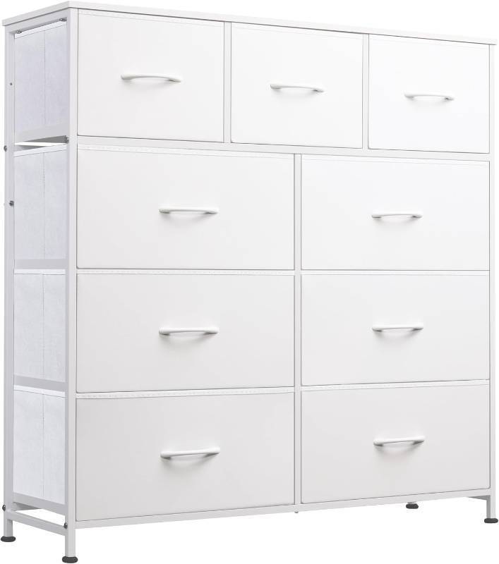 WLIVE 9-Drawer Dresser, Fabric Storage Tower, Tall Chest Organizer Unit with Fabric Bins, Steel Frame, Wood Top, Easy Pull Handle, White