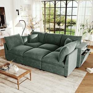 Harper & Bright Designs 93.7 in. Modular Square Arm Chenille with a Movable Ottoman, Storage Armrests and USB Ports Sectional Sofa in Green