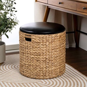 happimess Josie 18 in. NaturalBlack Modern Coastal Hand-Woven Faux Leather Hyacinth Storage Ottoman with Lid