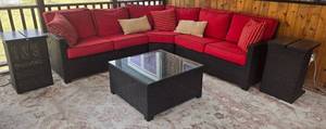 Outdoor Wicker Sectional Sofa Set with Red Cushions - Glass-Top Coffee Table & 2 End Tables